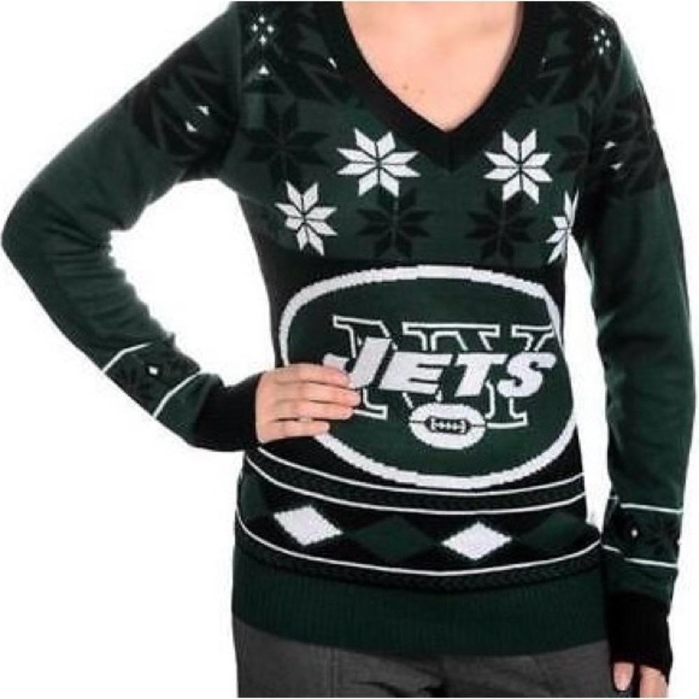 New York Jets WOMENS Ugly Christmas Sweater BIG LOGO all over V Neck NFL